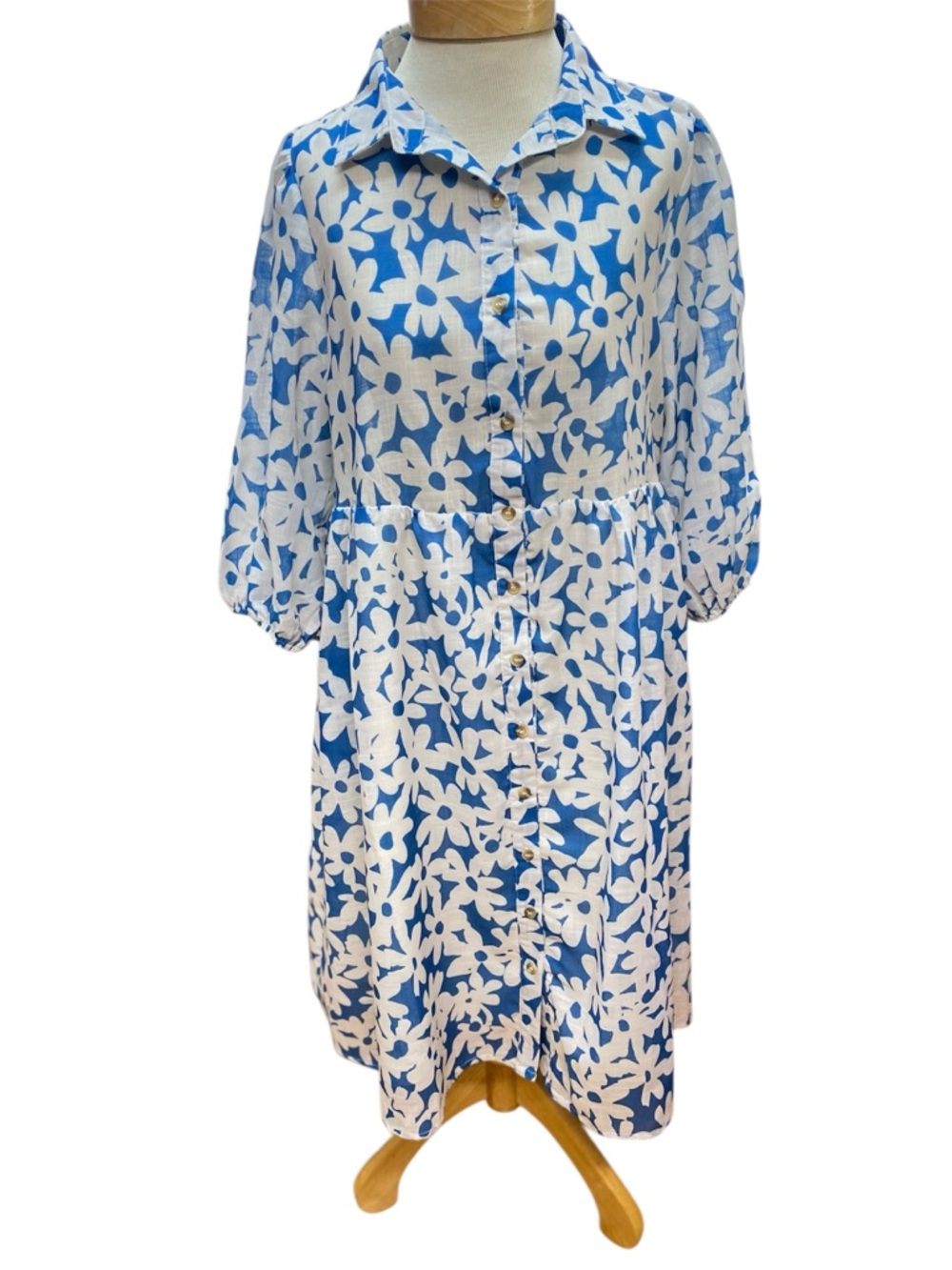 Polagram Blue White Floral Midi Button Front Dress 3/4 Puff Sleeves Cottagecore